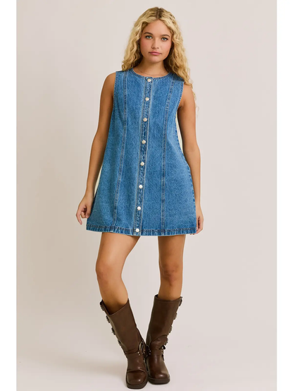 Sleeveless Round Neck Button Down Denim Mini Dress - Greige Goods