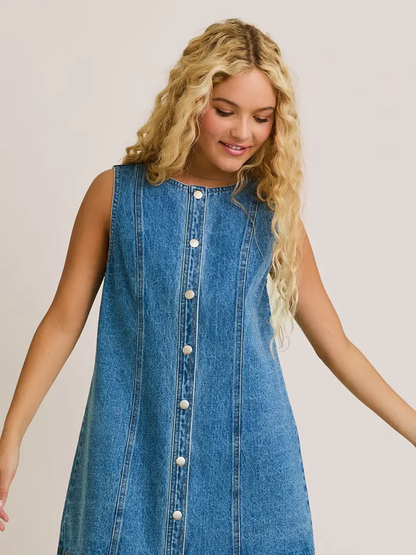 Sleeveless Round Neck Button Down Denim Mini Dress - Greige Goods