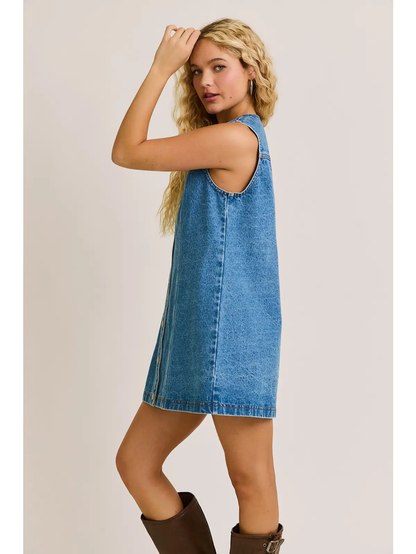 Sleeveless Round Neck Button Down Denim Mini Dress - Greige Goods