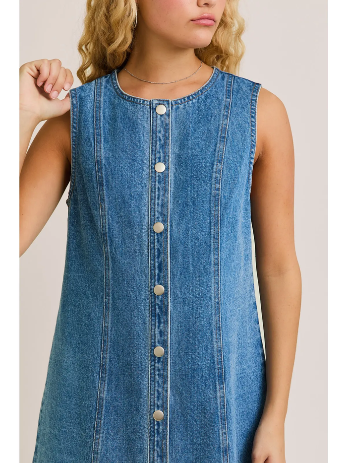 Sleeveless Round Neck Button Down Denim Mini Dress - Greige Goods