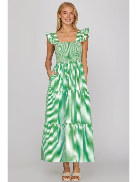 Square Neck Stripe Tiered Maxi Dress - Greige Goods