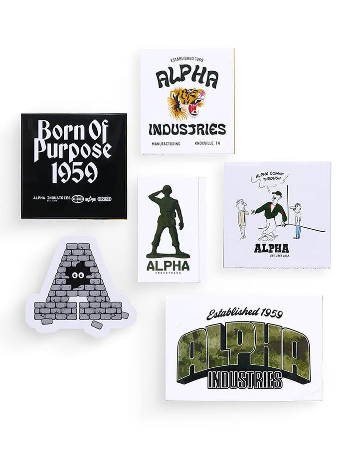 Alpha Industries Sticker Pack, six assorted stickers with text, illustrations, and logos, no color.