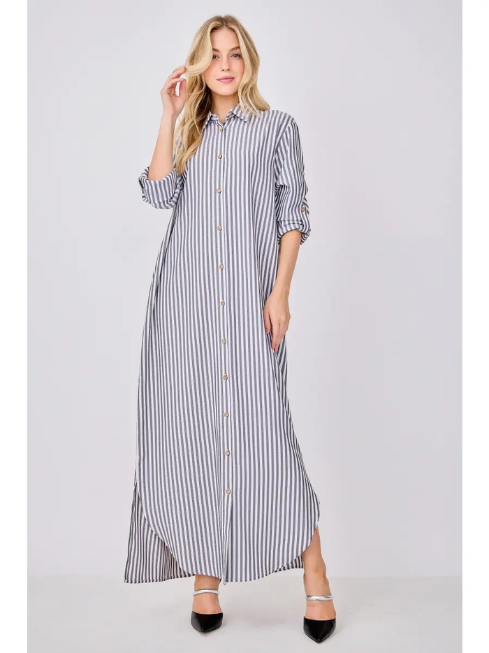 Striped Button Down Shirt Maxi Dress - Greige Goods