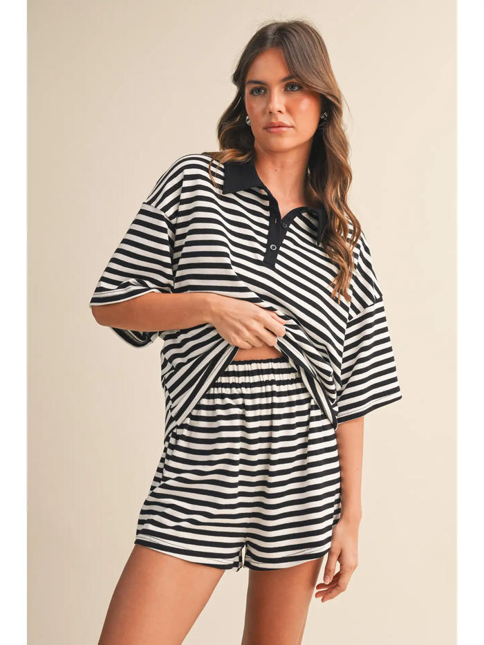 Striped Collared Short Sleeve Top and Shorts Set - Greige Goods