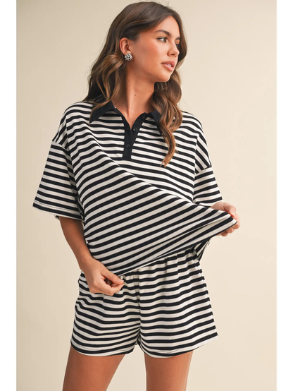 Striped Collared Short Sleeve Top and Shorts Set - Greige Goods