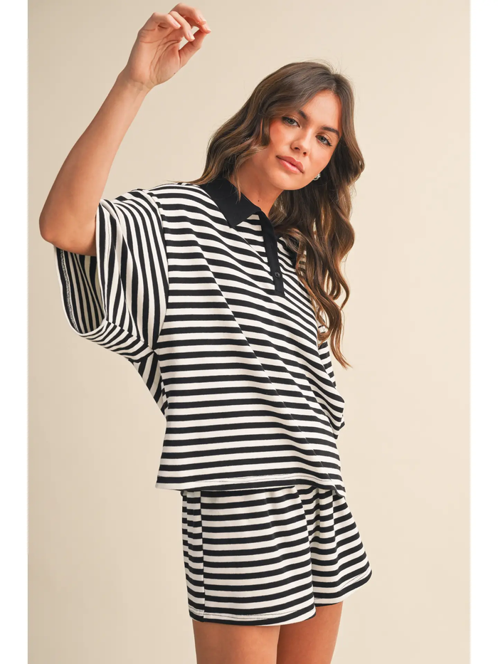 Striped Collared Short Sleeve Top and Shorts Set - Greige Goods