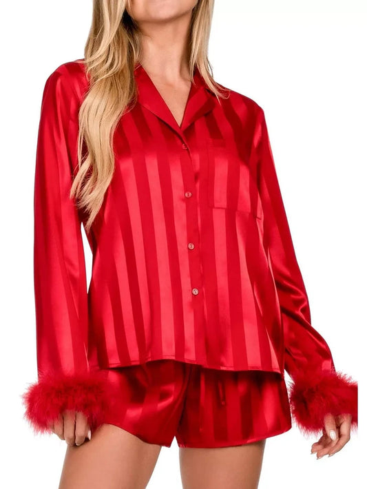 Striped Feather Trim Shirt and Shorts Lounge Set