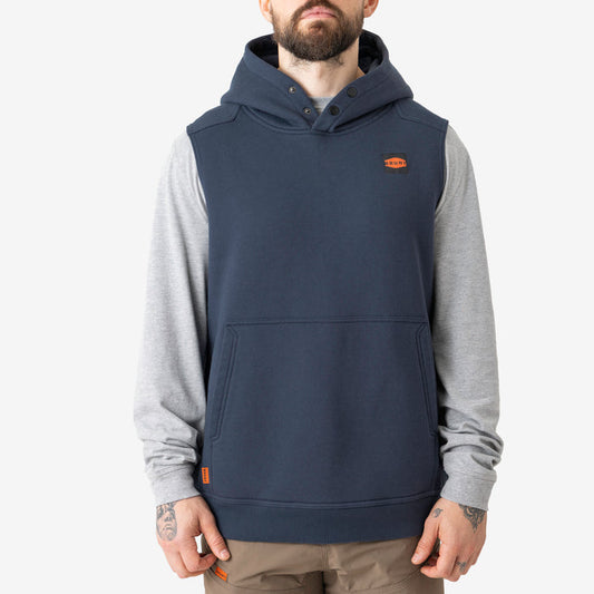 Front of the BRUNT sleeveless water resistant workwear hoodie in navy blue with BRUNT high quality long sleeve pocket tee in light grey underneath