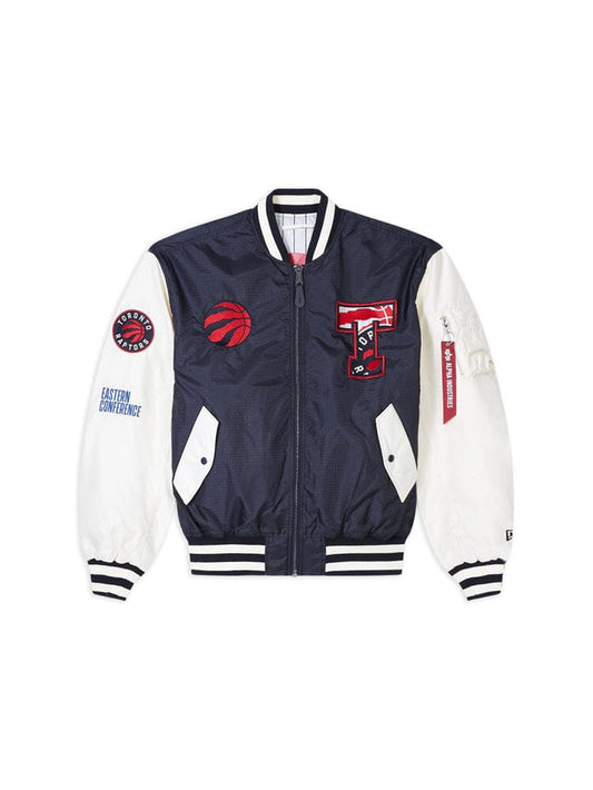 Introducing the Toronto Raptors X Alpha X New Era L-2B Bomber Jacket by Alpha Industries and NE-NBA. This stylish bomber jacket features a black body with various team patches and logos on the front, complemented by a fashionable pinstripe interior for added flair.