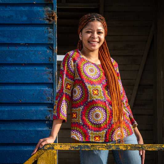 Traditional African Pink, Green  & Purple Ankara Print Blouse