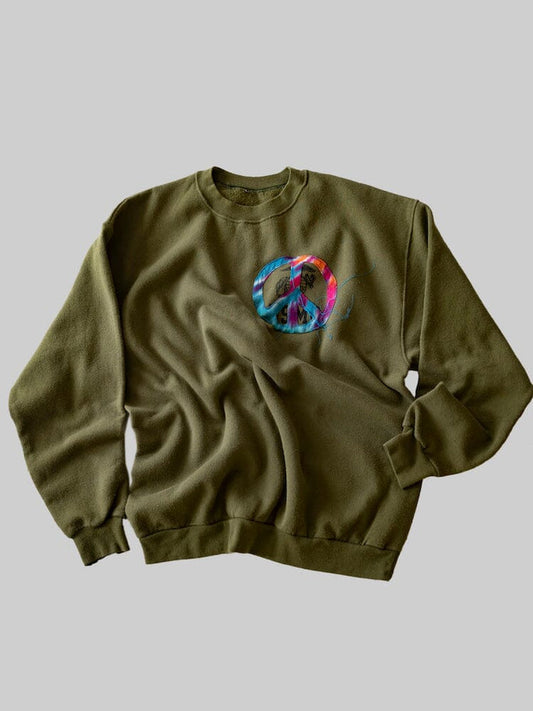 Transnomadica X Alpha Upcycled Usmc Sweatshirt by Alpha Industries, sage color with multicolored peace sign graphic on upper left chest.