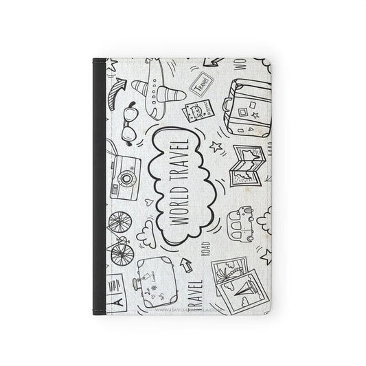 Travel The World Doodles - Premium Black Passport Cover Faux Leather, Travel Accessories