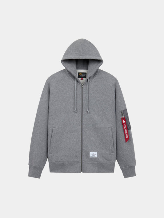 Utility Pocket Full Zip Up by Alpha Industries in Medium Charcoal Heather with hood, front pockets, ribbed cuffs, red sleeve tag.