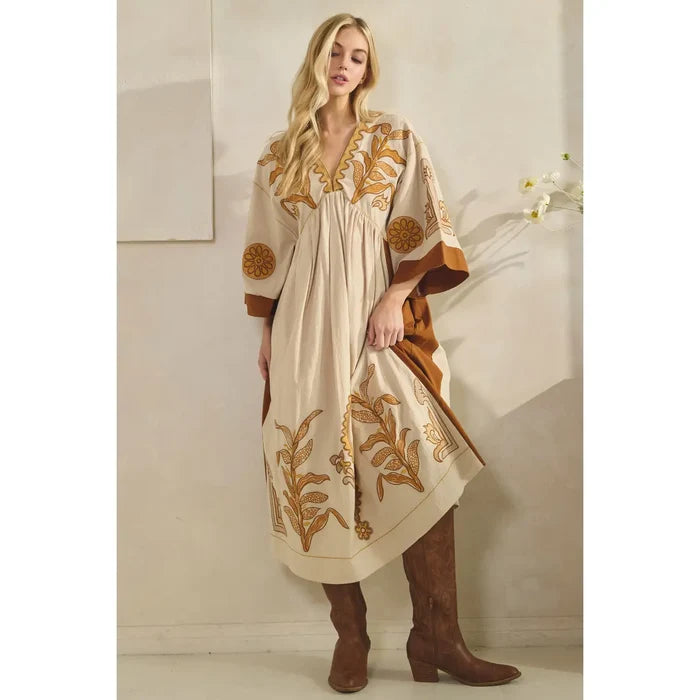 Vintage Embroidery Patch Maxi Dress - Greige Goods