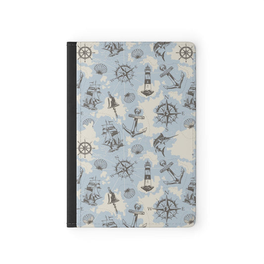 Vintage Nautical Pattern Blue - Premium Black Passport Cover Faux Leather, Travel Accessories