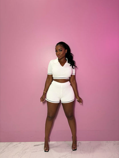 White Waffle Short Set