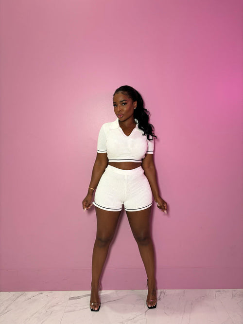 White Waffle Short Set
