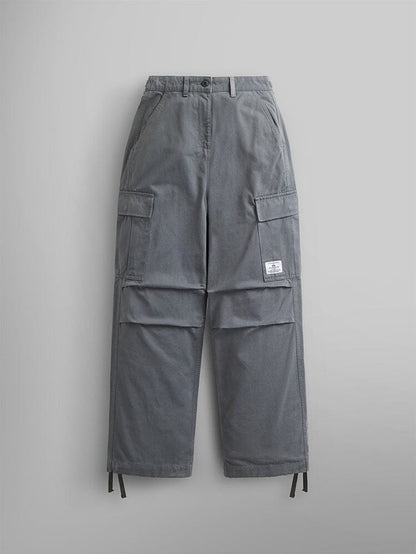 Alpha Industries Womens M-65 Cargo Pant in Aircraft Gray, side pockets, button and zipper closure, small white label on left pocket.