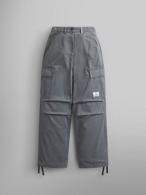 Alpha Industries Womens M-65 Cargo Pant in Aircraft Gray, side pockets, button and zipper closure, small white label on left pocket.