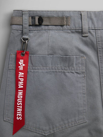 Alpha Industries Womens M-65 Cargo Pant in Aircraft Gray, back pocket, adjustable waistband, red Alpha Industries tag on belt loop.