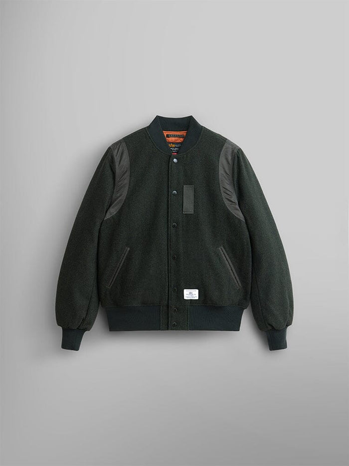 Alpha Industries Wool Varsity Bomber Jacket Gen II MA-1, OG-107 Green Heather, black leather shoulder patches, ribbed cuffs and hem, snap buttons, quilted nylon lining, two front pockets.