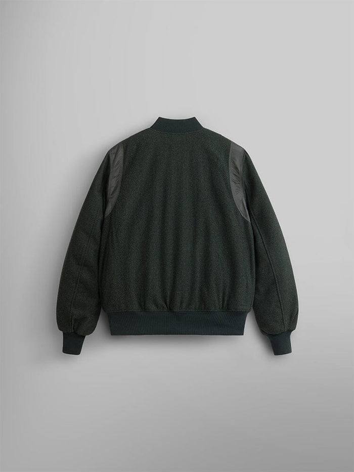 Alpha Industries Wool Varsity Bomber Jacket Gen II: Dark green with ribbed cuffs and waistband, insulated fit, leather shoulder accents, plain back.