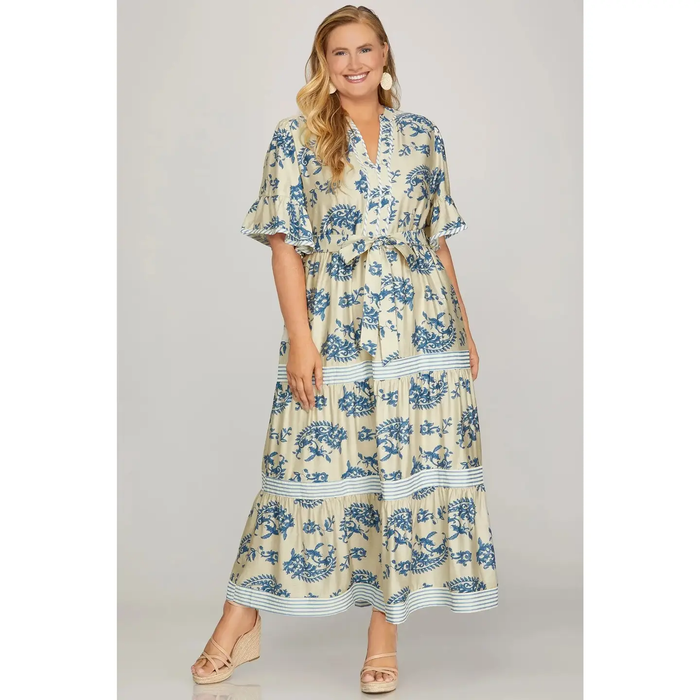 Woven Print Tiered Maxi Dress - Greige Goods