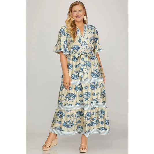 Woven Print Tiered Maxi Dress - Greige Goods