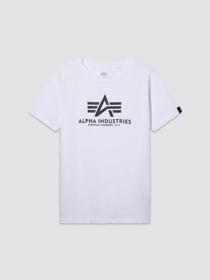 Youth Basic Tee by Alpha Industries, white short-sleeve cotton shirt with flag logo and Alpha Industries, Knoxville, Tennessee, U.S.A. in black on front.