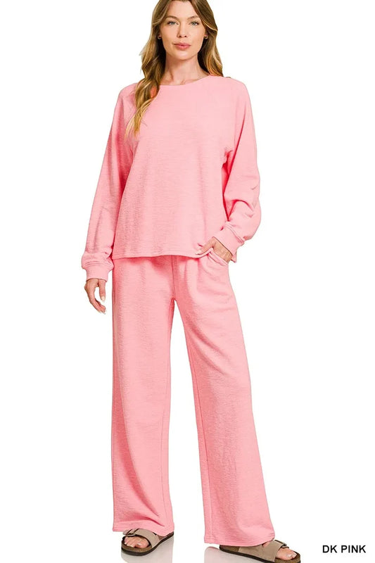 Zenana Slub Long Sleeve Top and Pants Lounge Set